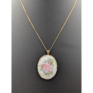 Vintage Hand Painted Porcelain Rose Pendant 14K Gold Bail Signed W. Wynd Floral
